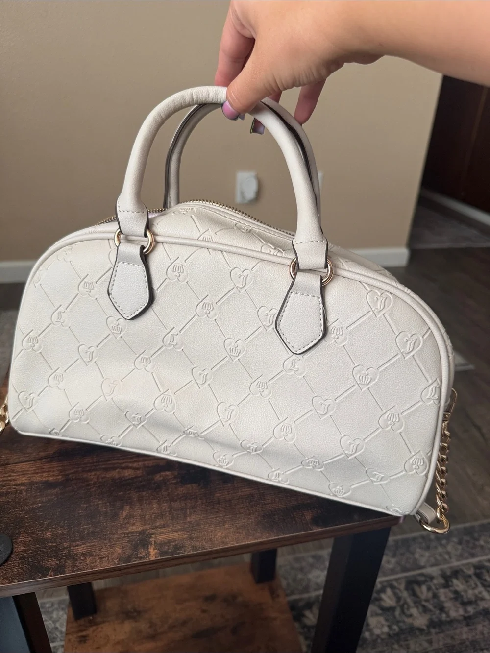 Juicy Couture Cream Dome Satchel with Heart Charm and Teddy Accent